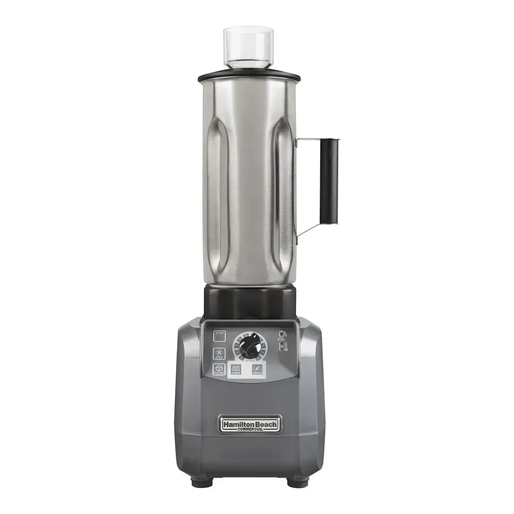 stainless steel Hamilton Beach blender pairs high-performance motor with mid-size jar for rapid smoothie, soup, and sauce blending in busy cafés.