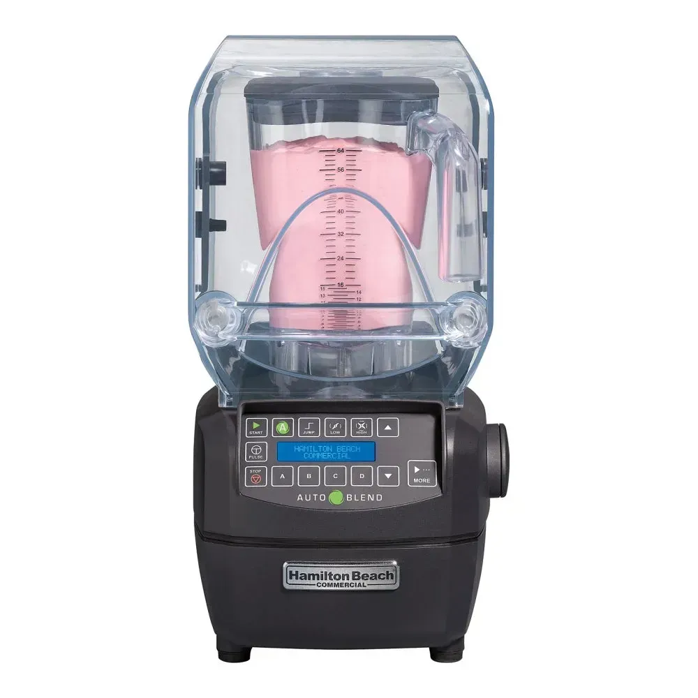 Polycarbonate Hamilton Beach drink blender with pre-programmed cycles ensures consistent smoothies and cocktails for bustling cafés and juice bars.