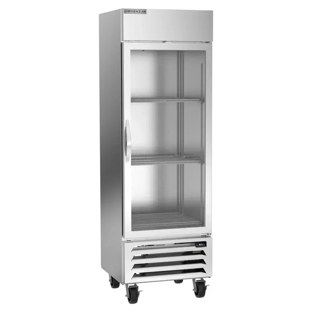 Beverage-Air counter-height glass door reach-in refrigerator for restaurants displays chilled products at eye level with LED illumination and sleek design.