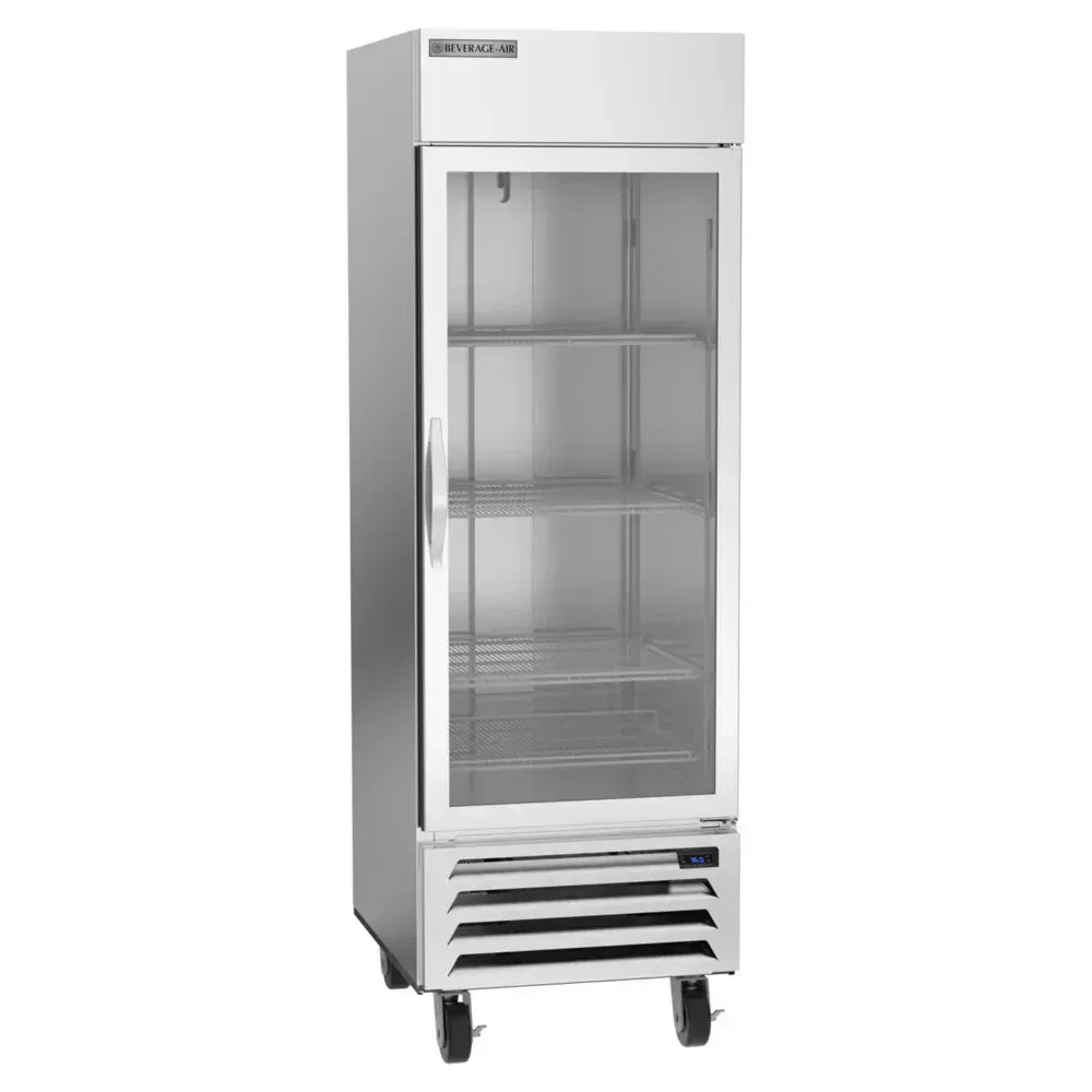 Beverage-Air mini bottom-mounted glass door reach-in refrigerator with LED lighting showcases chilled items efficiently in tight restaurant spaces.