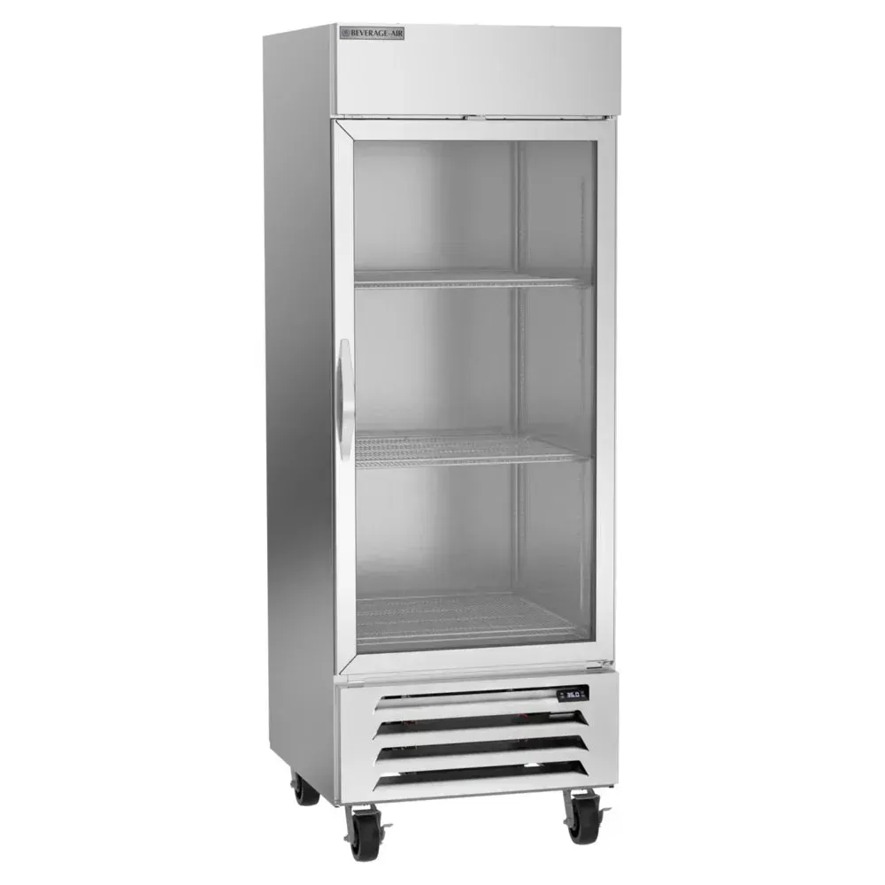 Beverage-Air narrow bottom-mounted glass door reach-in refrigerator with LED lighting offers clear visibility and energy savings for cafe displays.