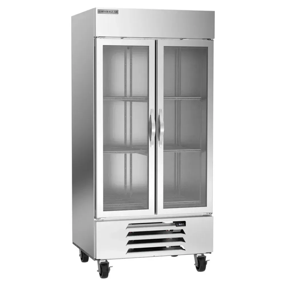 Beverage-Air slim glass door reach-in refrigerator for cafes fits tight spaces while showcasing chilled products with bright LED illumination.
