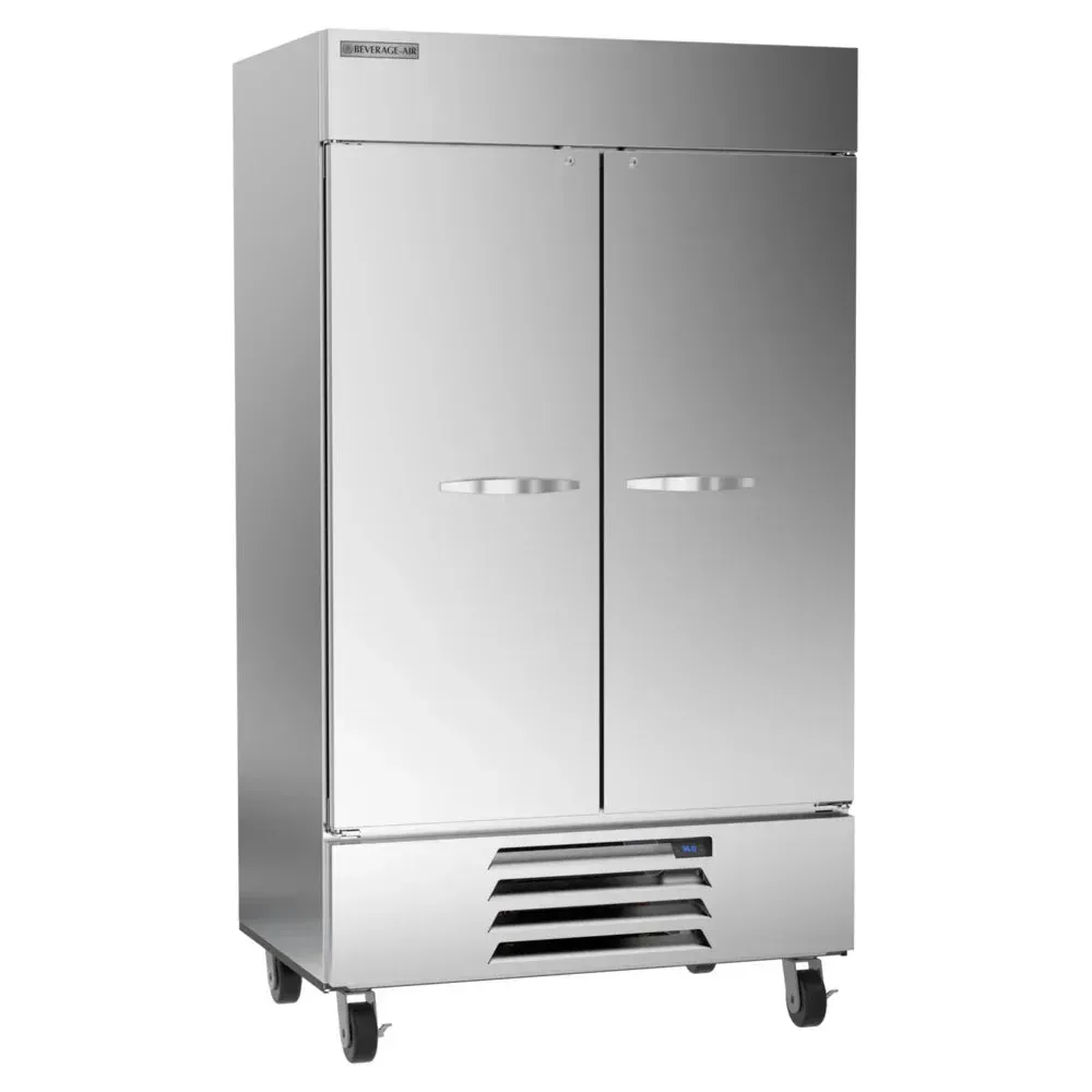 Beverage-Air two-section solid door reach-in refrigerator with LED lighting offers robust cooling and ample storage for busy restaurant operations.