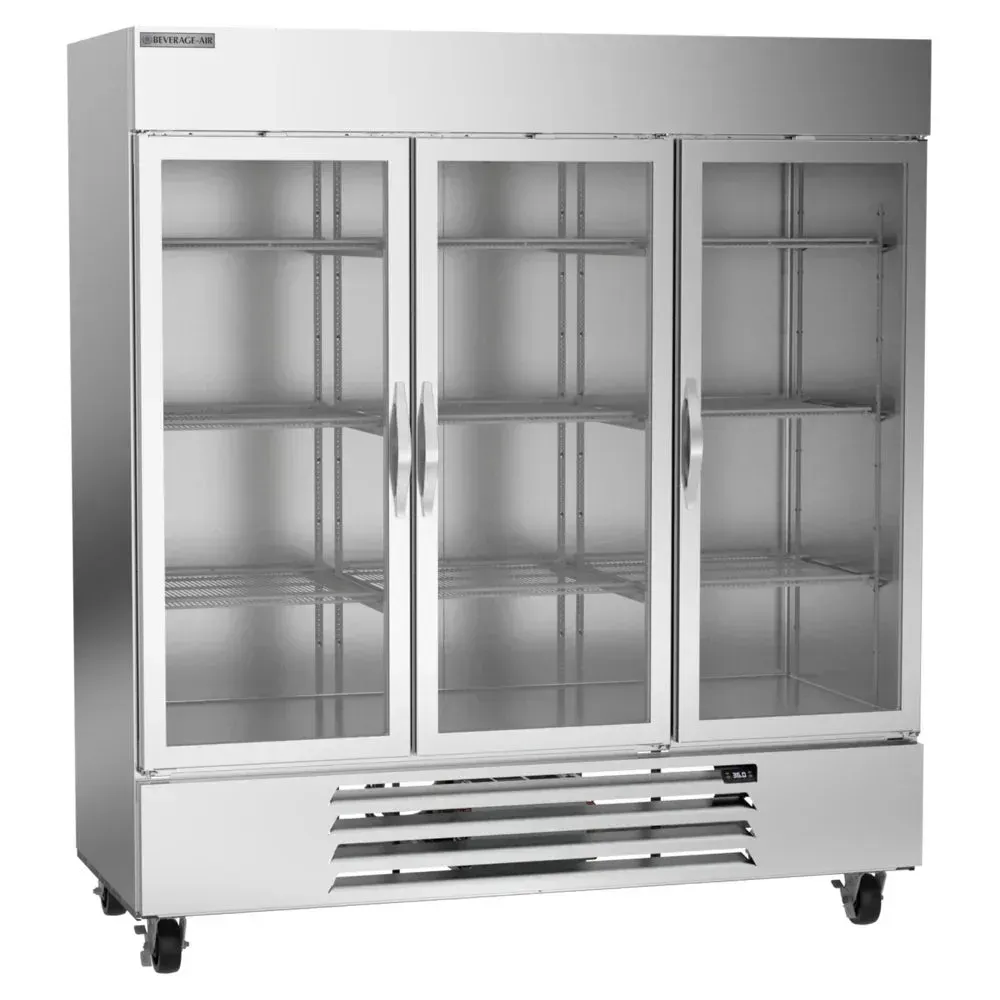 Beverage-Air bottom-mounted glass door reach-in refrigerator for restaurants showcases fresh items with LED lighting and stainless steel durability.