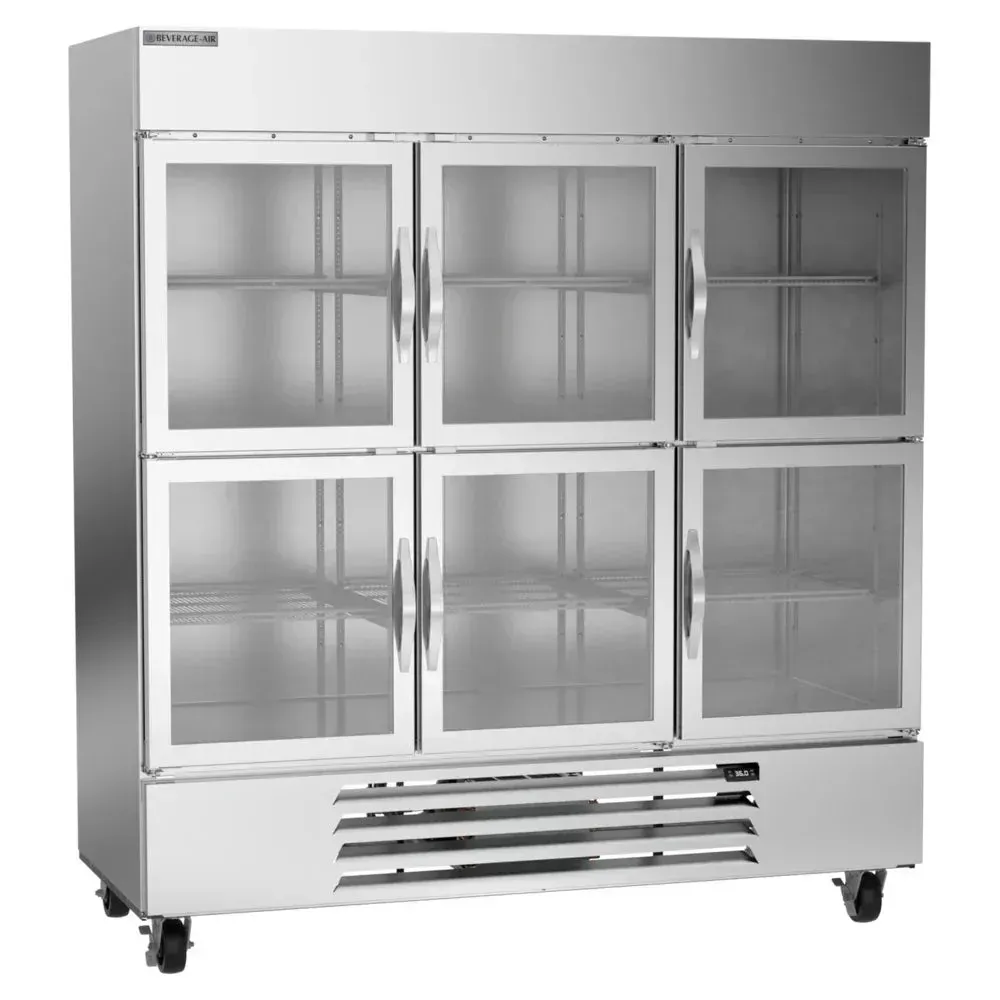 Beverage-Air bottom-mount half-glass door reach-in refrigerator for hotels displays chilled goods efficiently with LED lighting and energy savings.