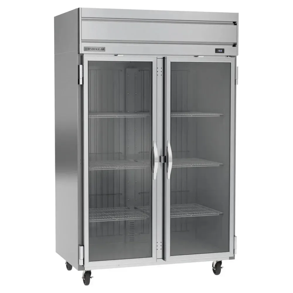 Beverage-Air double glass door reach-in freezer for hotels showcases frozen products in sleek stainless steel with dependable cooling performance.