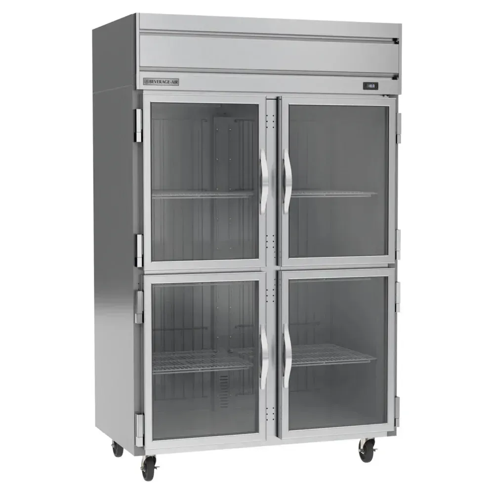 Beverage-Air double half-glass door reach-in freezer for restaurants displays frozen item efficiently while maintaining ideal temperatures throughout.