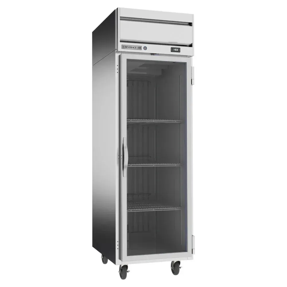Beverage-Air top-mounted glass door reach-in freezer for hotel kitchens offers sleek design, reliable freezing performance, and clear visibility.