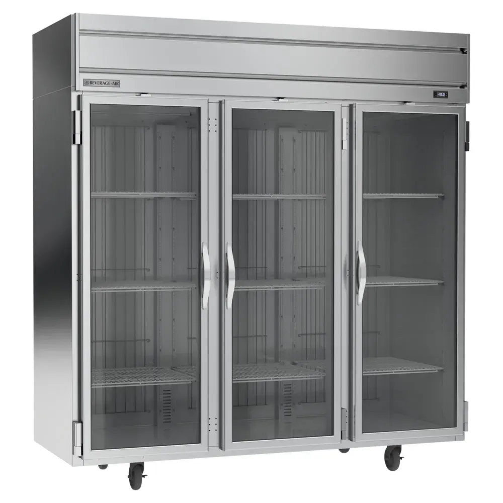 Beverage-Air three-section full-glass door reach-in freezer, LED lighting, spacious stainless interior; ideal for luxury hotel cold storage.
