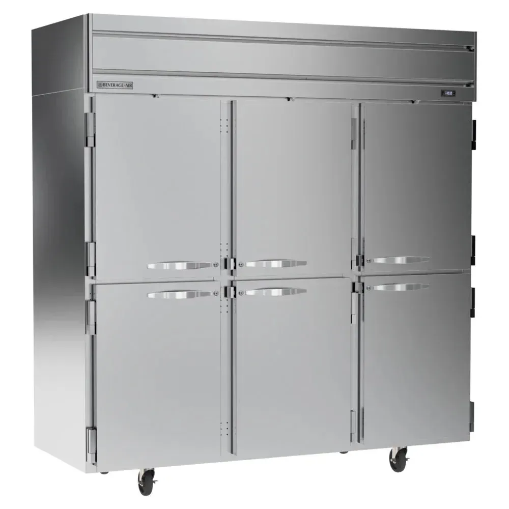 Beverage-Air three-section half-door reach-in freezer with six doors and top-mounted refrigeration; stainless design reduces cold loss in kitchens.