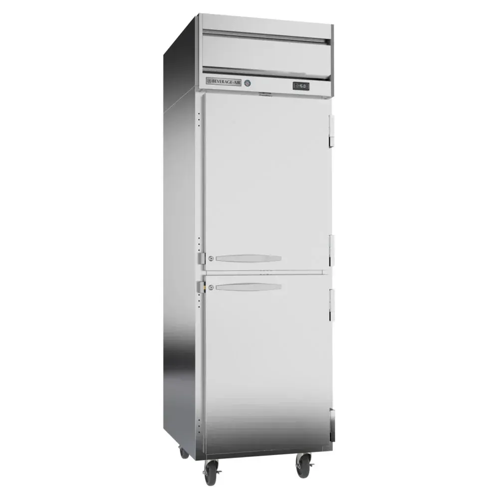 Beverage-Air single-section stainless half-door reach-in freezer for cafes or hotels; split doors cut energy use, digital thermostat ensures control.