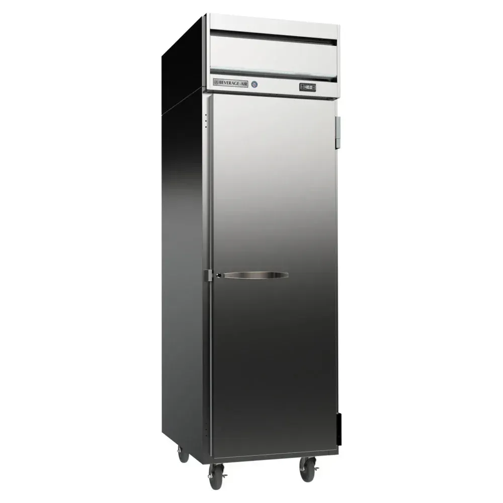 Beverage-Air single-section stainless reach-in freezer, solid door, recessed handle; corrosion-resistant and front-breathing for compact installs.