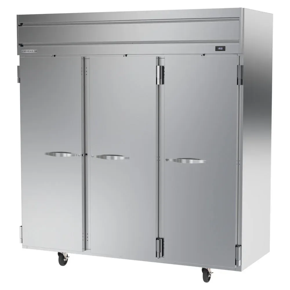 Beverage-Air triple-section solid door reach-in freezer with stainless frame, recessed handles, and top-mount cooling for restaurants and hotels.