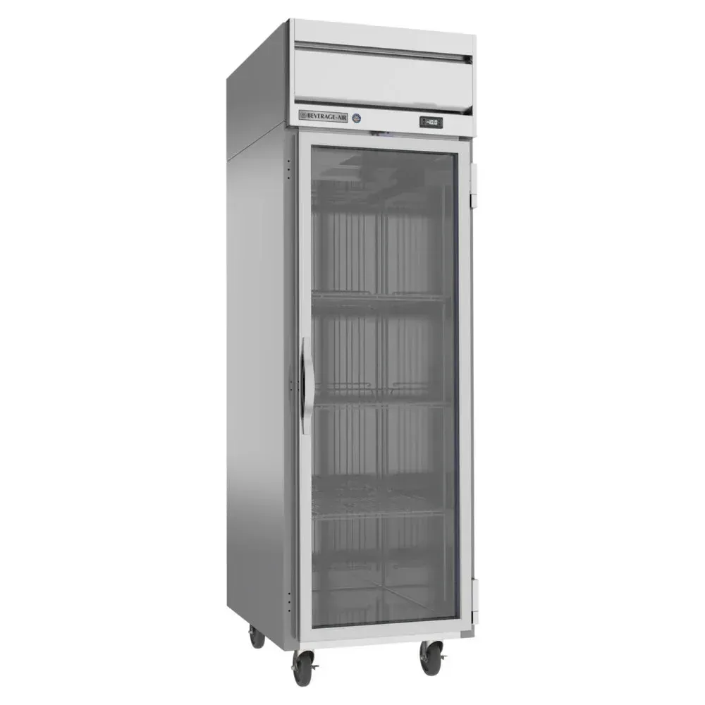 Beverage-Air single-section glass door reach-in freezer with LED lighting and stainless steel build, ideal for hotels needs fast frozen access.