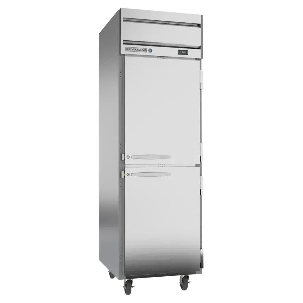 Beverage-Air single-section solid half-door reach-in freezer with split doors, LED lighting, stainless steel body, and digital controls for storage.