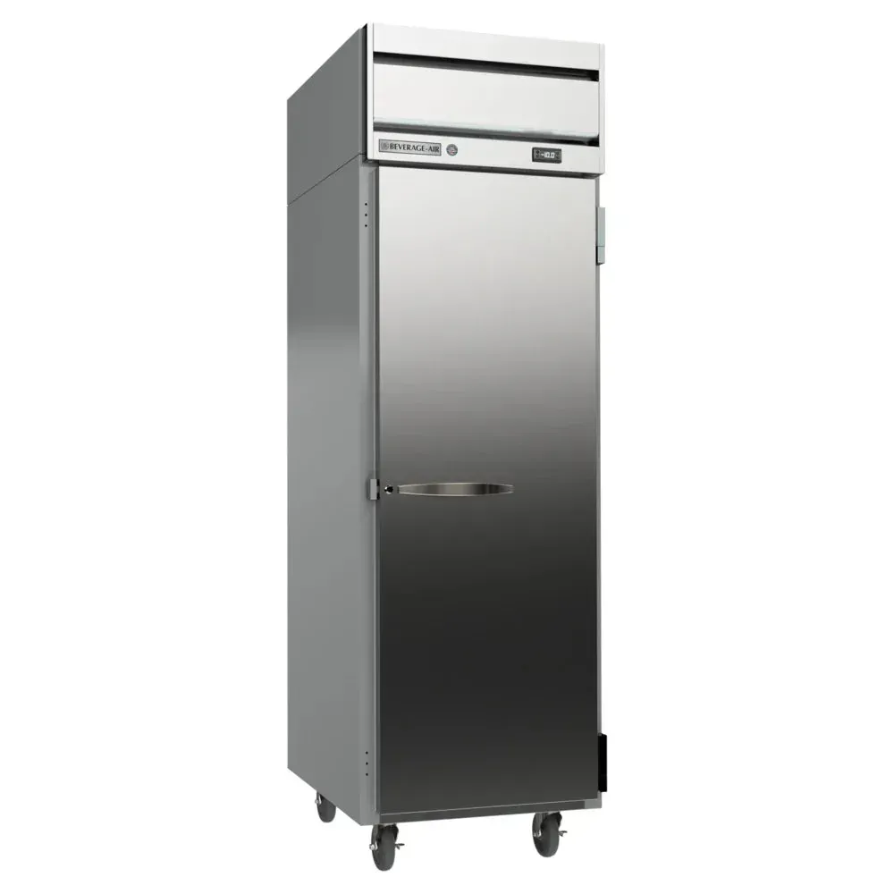 Beverage-Air single-section solid door reach-in freezer for tight spaces with adjustable wire shelves and energy-efficient cooling for cafe use.