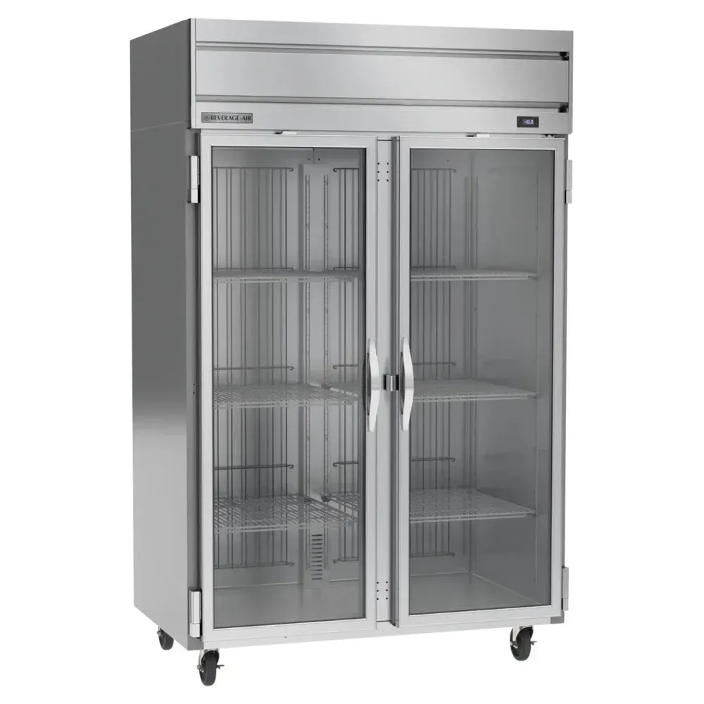 Beverage-Air two-section full-glass reach-in freezer with stainless steel frame, bright LED lighting, and self-closing doors for commercial kitchens.