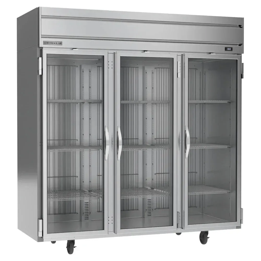 Beverage-Air triple-section full-glass door reach-in freezer with LED lighting and stainless steel for hotels or restaurants needing cold storage.