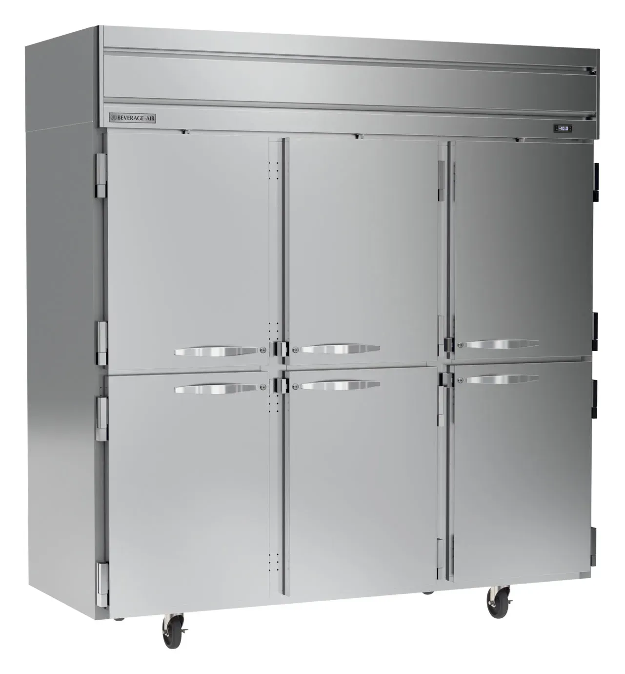 Beverage-Air six half-door reach-in freezer in stainless steel conserving cold air while chef retrieves frozen items during peak kitchen service.