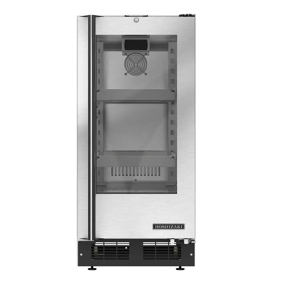 Tall undercounter refrigerator by Hoshizaki America with a glass front door and stainless construction, designed for compact kitchens.
