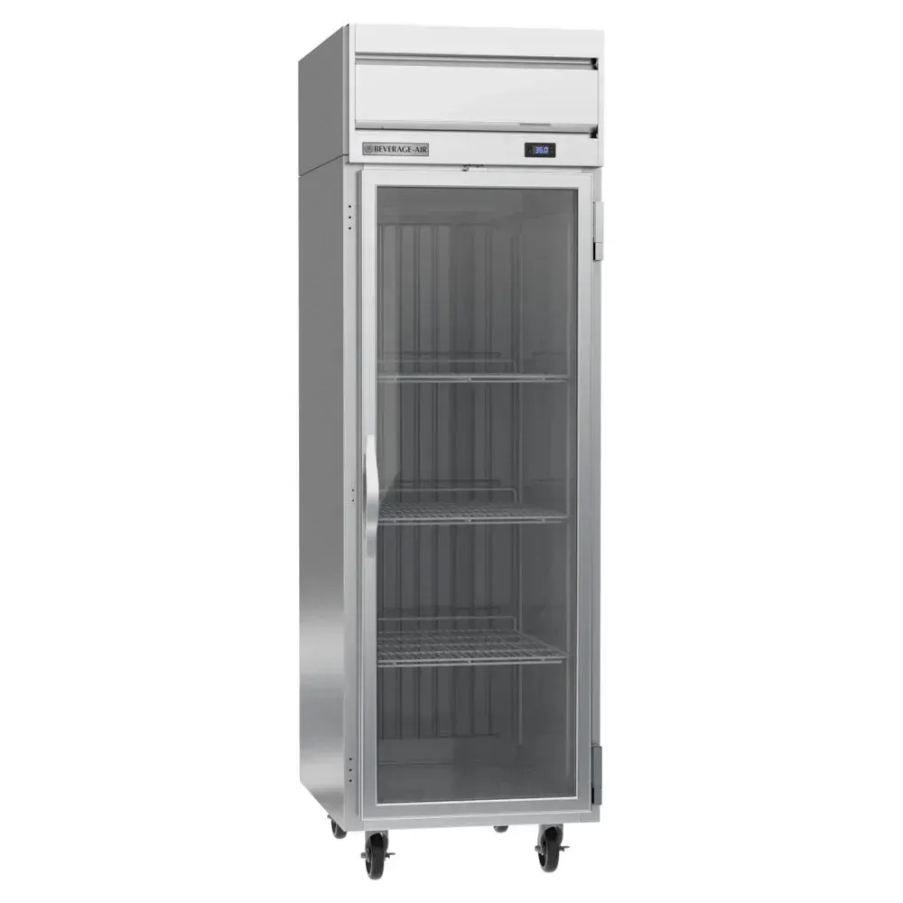 Beverage-Air compact glass-door reach-in refrigerator with top-mounted compressor showcasing neatly arranged bottles in stainless steel kitchens.