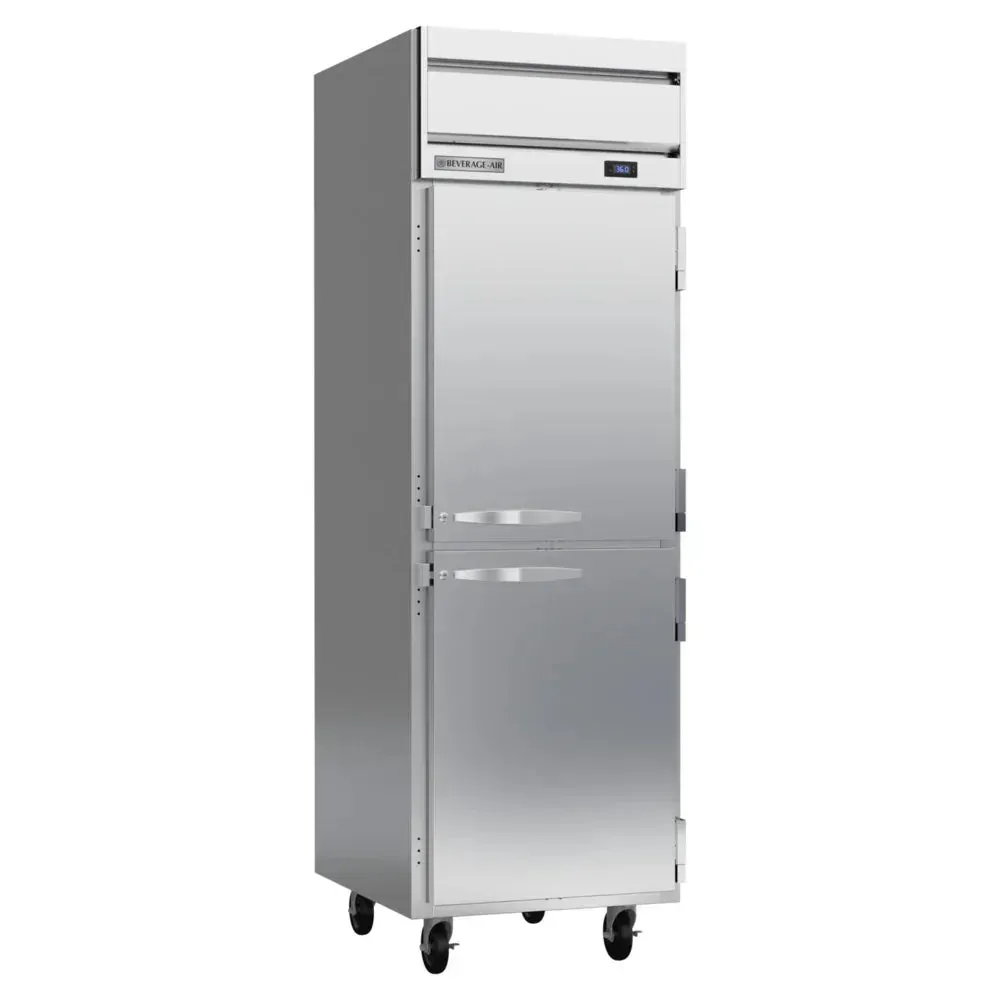 Beverage-Air compact half-solid reach-in refrigerator with top-mounted compressor conserving energy while chef grabs ingredients in tight space.