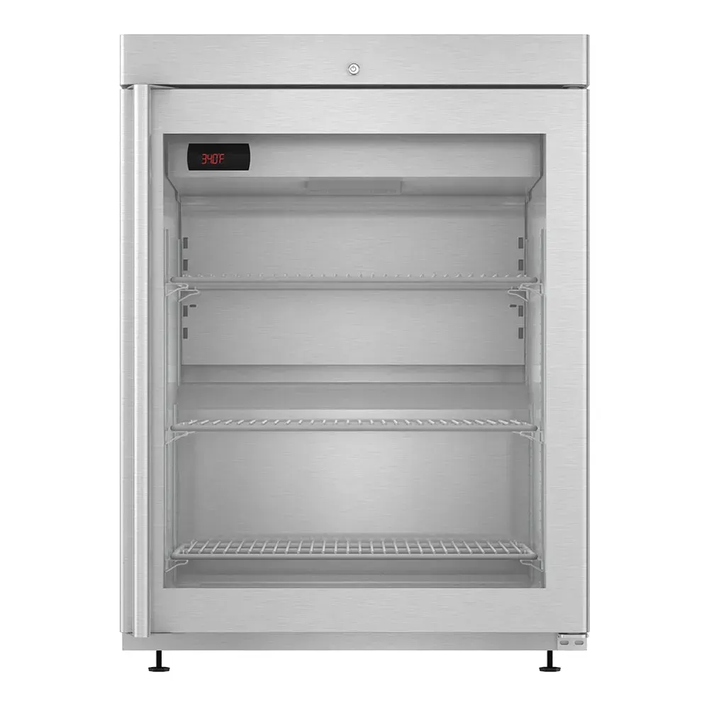 Modular undercounter refrigerator by Hoshizaki America with a glass door and stainless frame, offering efficient cold storage and a sleek look.