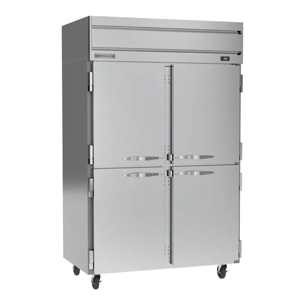 Beverage-Air double half-door reach-in refrigerator with top-mounted design conserving energy while chef accesses fresh produce efficiently.