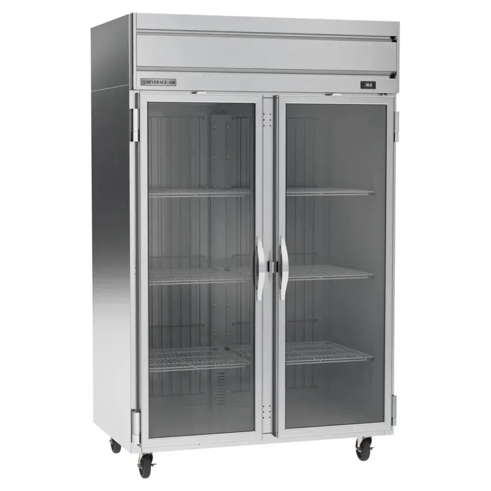 Beverage-Air glass door two-section reach-in refrigerator offering full inventory visibility while maintaining precise cold storage in busy kitchens.