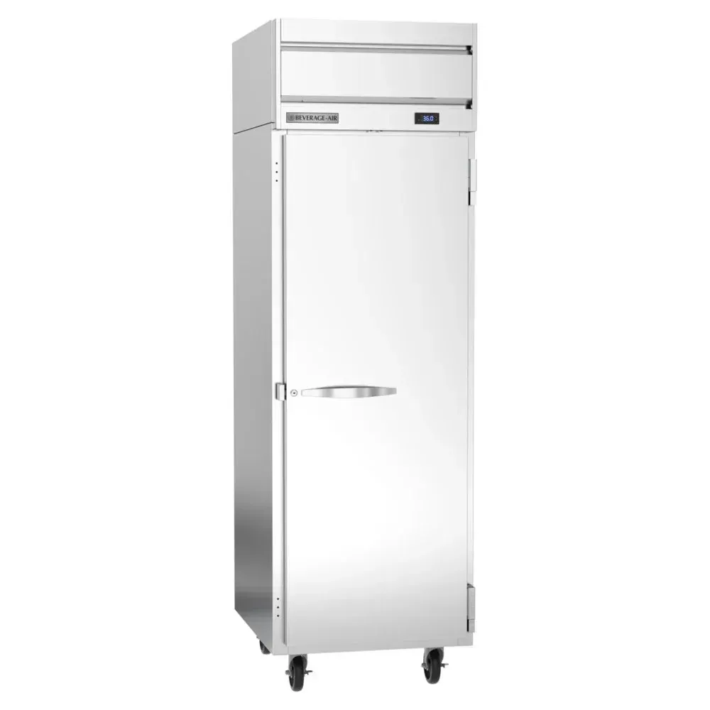 Beverage-Air single solid door reach-in refrigerator in painted steel finish, standing sturdy in small kitchen corners for fresh dairy storage.