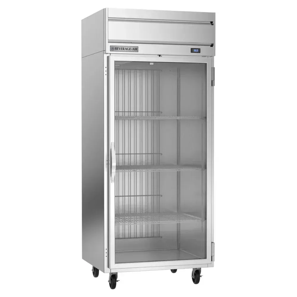 Beverage-Air glass door reach-in refrigerator offering clear view of chilled inventory with durable shelving and bright LED interior lighting.