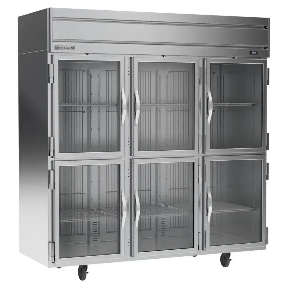 Beverage-Air glass half-door reach-in refrigerator displaying vibrant ingredients through crystal panes in a bustling commercial kitchen.