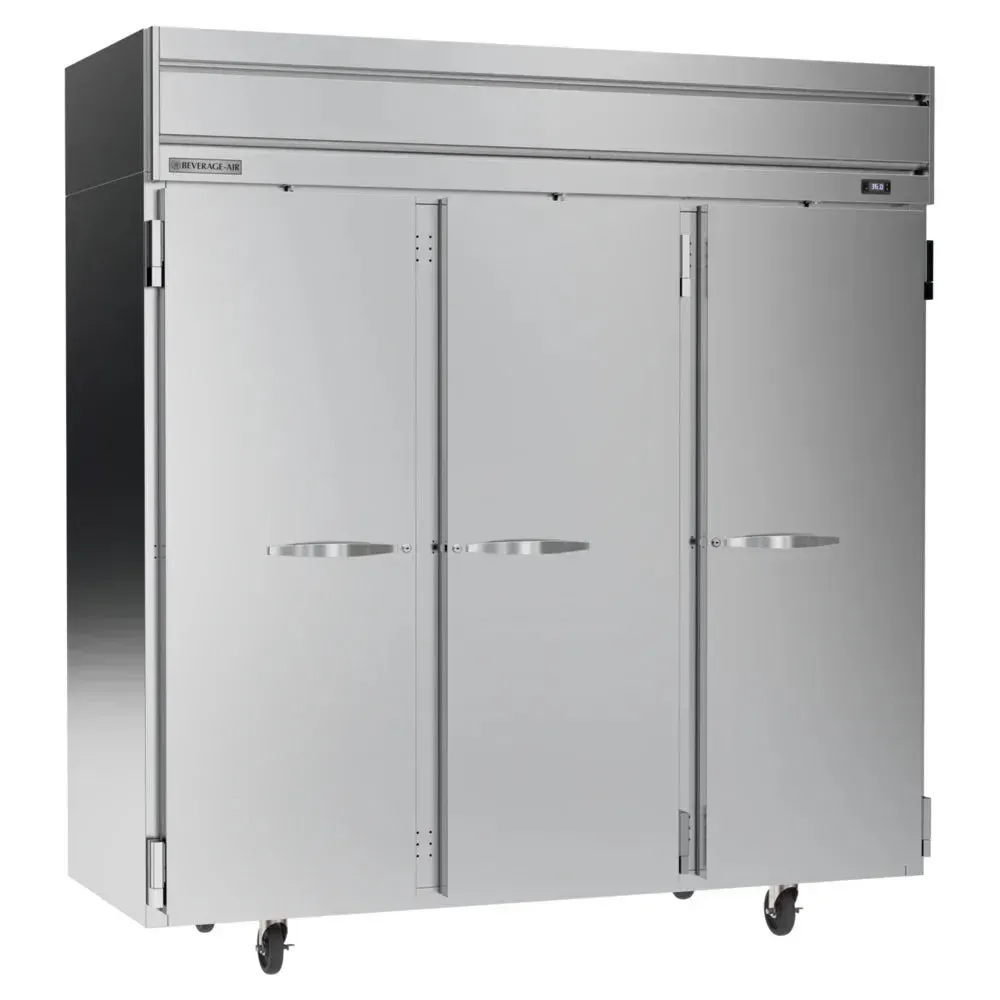 Beverage-Air three-section stainless steel reach-in refrigerator providing ample cold storage with a durable professional-grade finish.