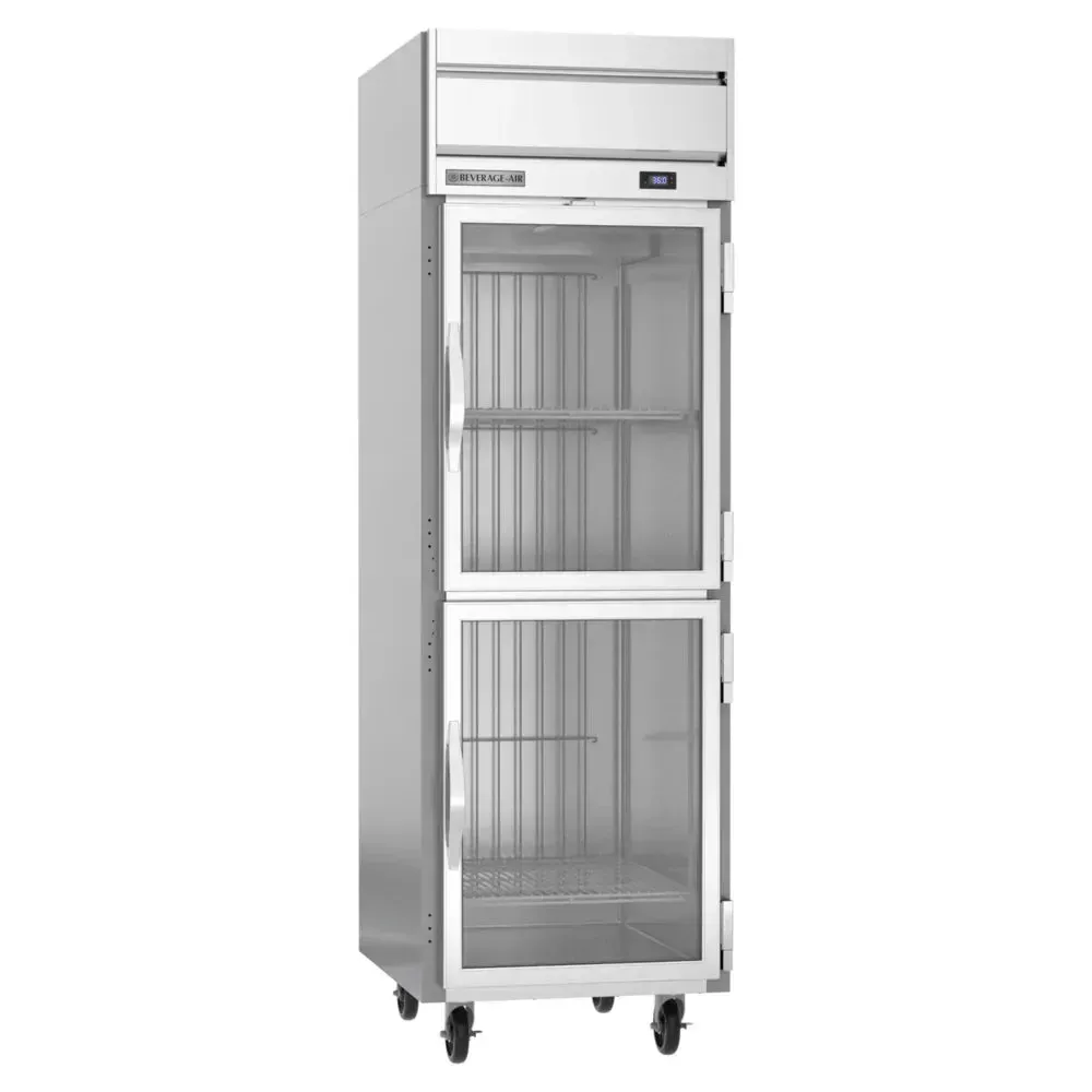 Beverage-Air single-section half-glass door reach-in refrigerator featuring efficient top-mounted cooling and crystal-clear visibility inside.