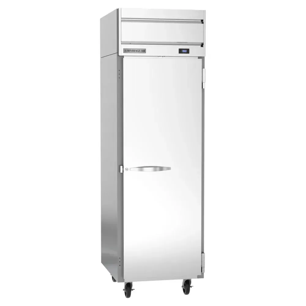 Beverage-Air single-section solid door reach-in refrigerator with top-mounted compressor and stainless steel construction for tight spaces.