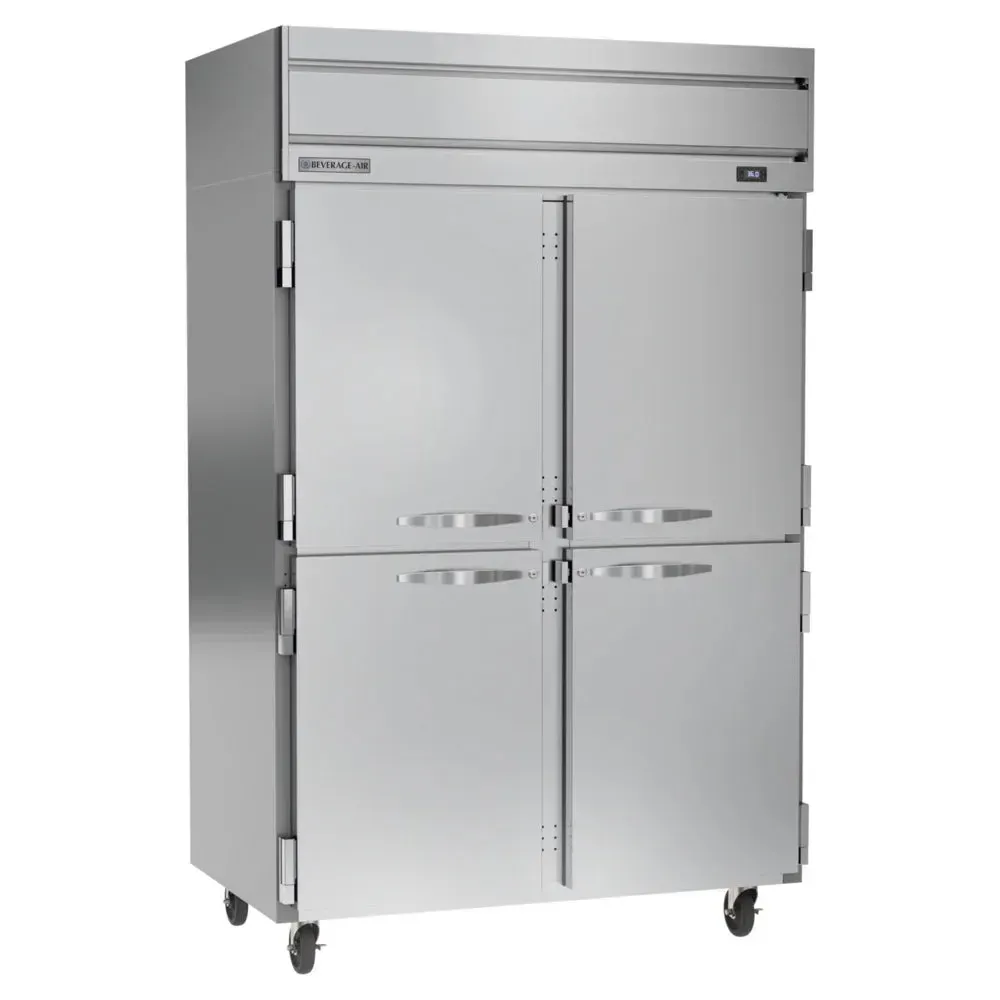 Beverage-Air two-section half-door reach-in refrigerator conserving energy while allowing quick access to chilled items in busy kitchens.