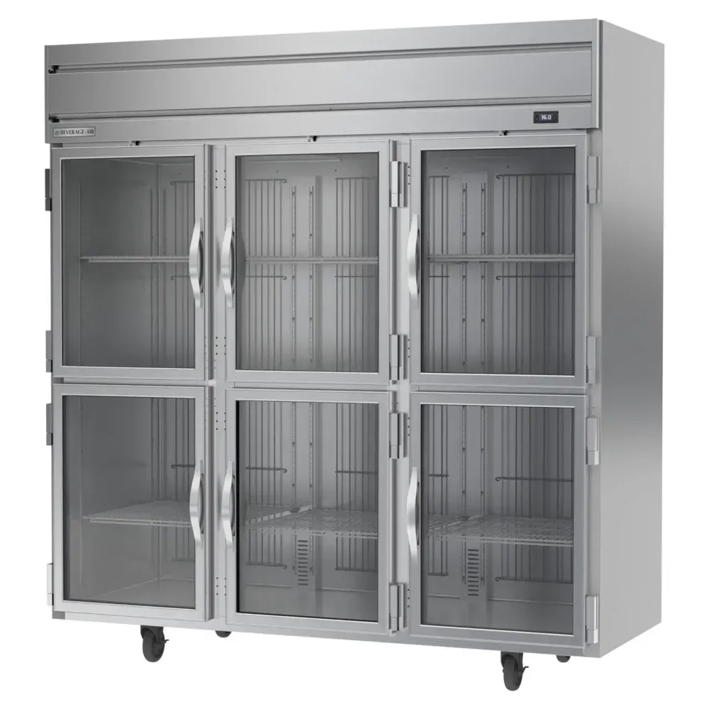 Beverage-Air reach-in refrigerator with glass half doors and stainless steel finish, designed for high-visibility storage in commercial kitchens.
