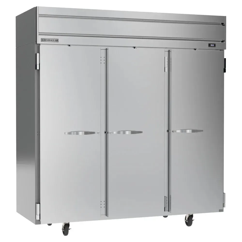 Beverage-Air single-section reach-in freezer with full glass door, bright LED interior, stainless finish for clear frozen storage.