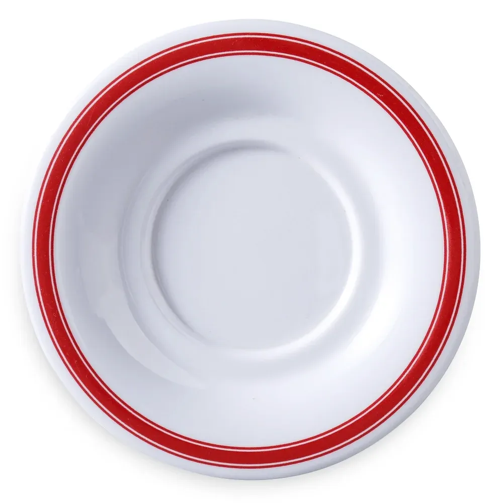 Yanco China classic round white melamine saucer ideal for cups or small bites, adding timeless simplicity to buffet or catered table presentations