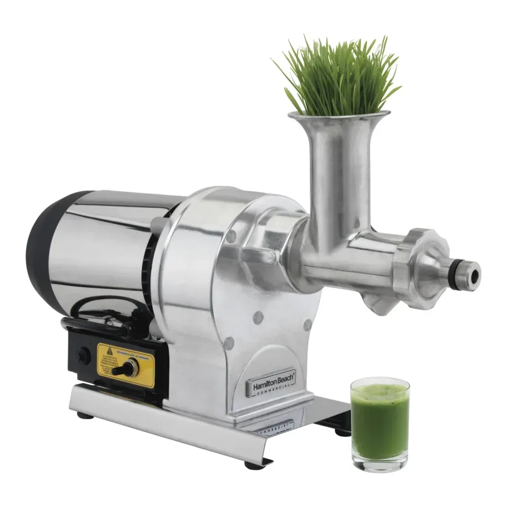 Stainless steel Hamilton Beach wheatgrass juicer with compact design for juice bars, cafes, or hotels serving nutrient-rich wellness shots.