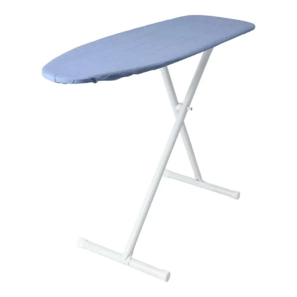 An Hospitality 1 Source ironing board with white frame and blue cover, designed for home or hospitality use, sold in sets of four for dependable garment pressing.