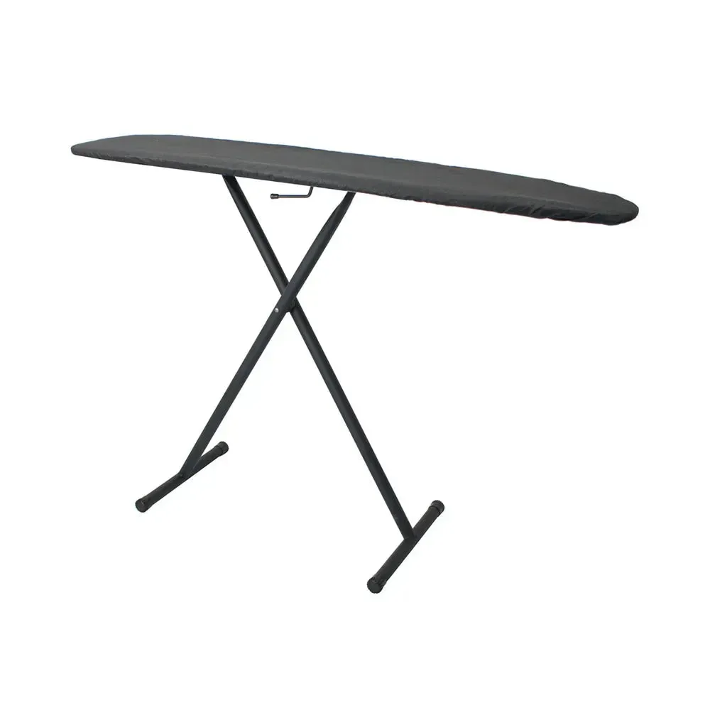 A basic Hospitality 1 Source ironing board with black frame and charcoal cover, designed for long-lasting use in hospitality laundry rooms.
