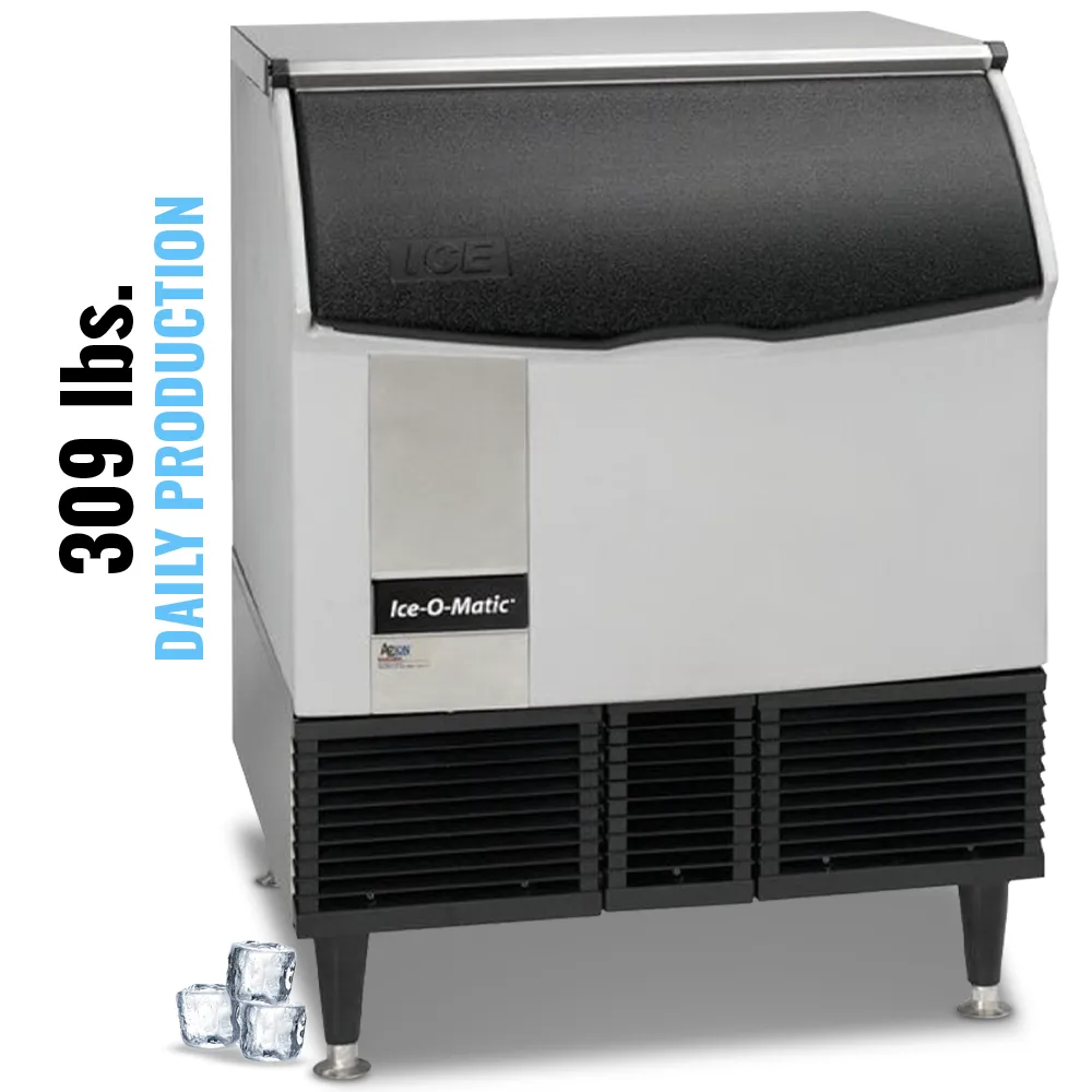 Ice-O-Matic undercounter cube ice machine with storage bin, providing consistent ice output for bars, restaurants, and cafes.