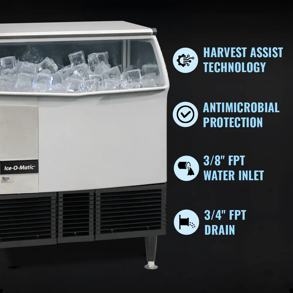 Ice-O-Matic undercounter cube ice machine with storage bin, providing consistent ice output for bars, restaurants, and cafes.