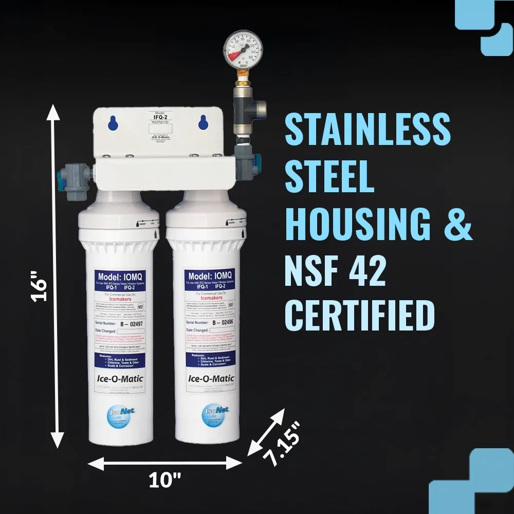 Ice-O-Matic double ice machine water filter with 0.5 micron filtration and 3 GPM, ensuring clean water for high-quality ice production.