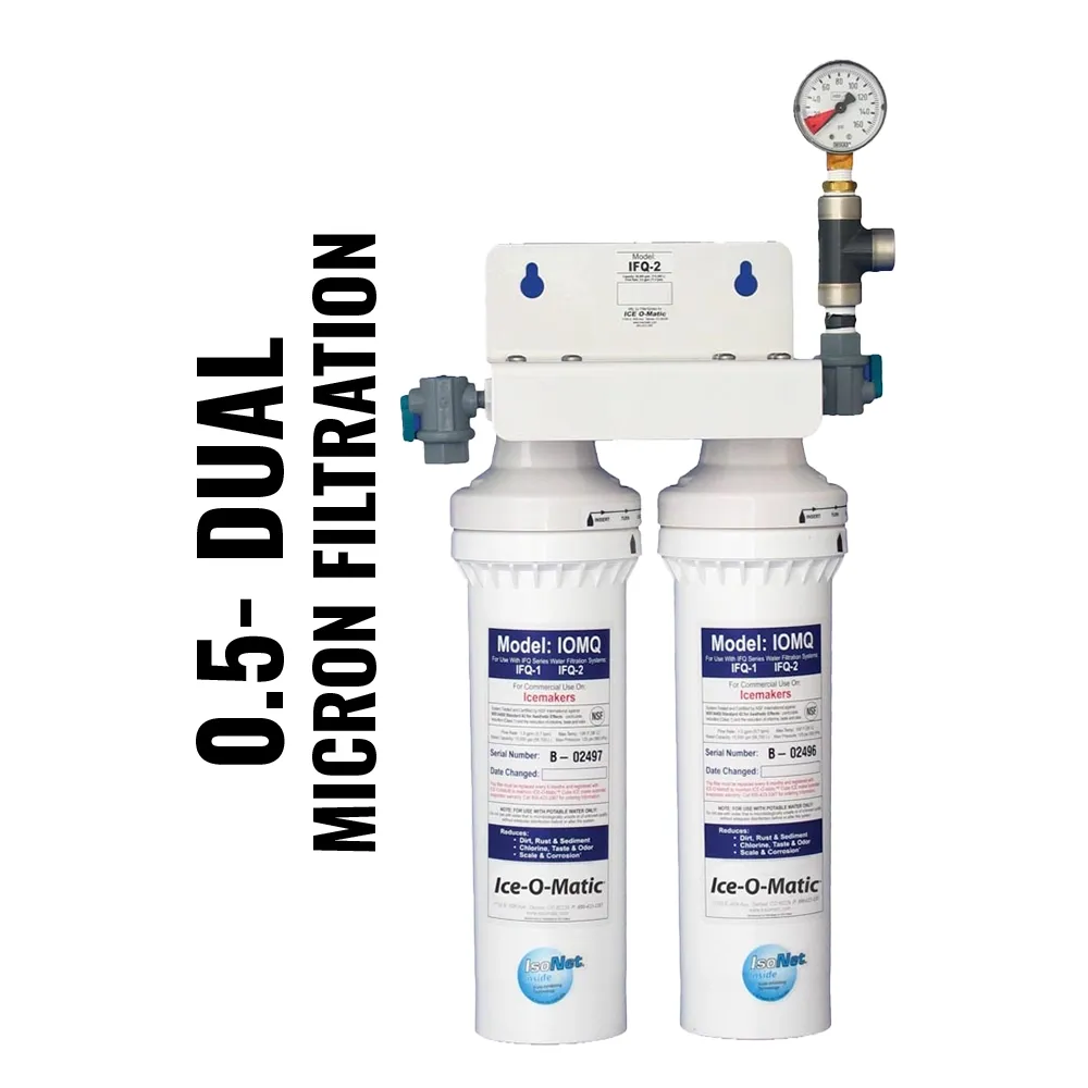 Ice-O-Matic double ice machine water filter with 0.5 micron filtration and 3 GPM, ensuring clean water for high-quality ice production.