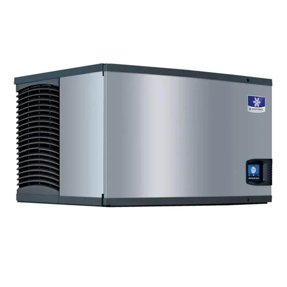 An air-cooled stainless steel Manitowoc ice machine head crafting half-dice cubes for restaurant and café service with a consistent daily supply.