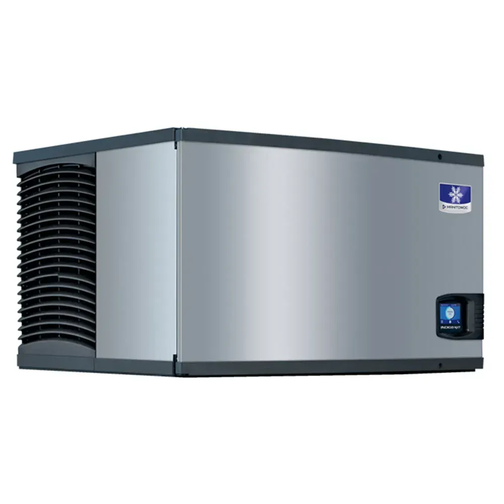 A water-cooled stainless steel Manitowoc ice machine head that makes half-dice cubes, providing dependable daily output for restaurants and hotels.