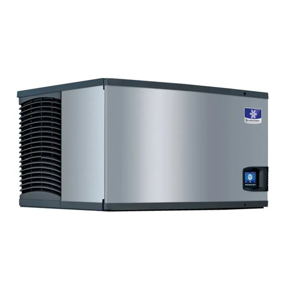 Air-cooled stainless steel Manitowoc ice machine head producing half-size cubes for professional restaurant kitchens and hotel service.