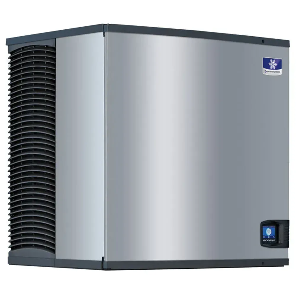 Manitowoc air-cooled half-size cube ice machine with stainless housing, compact design, front-facing vents, no bin, made for high ice production.